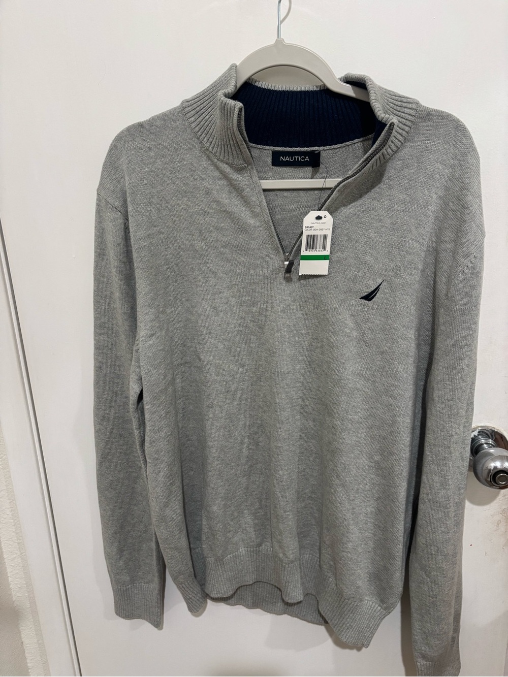 Nautica Men’s Light Gray Half-Zip Sweater with Navy Logo